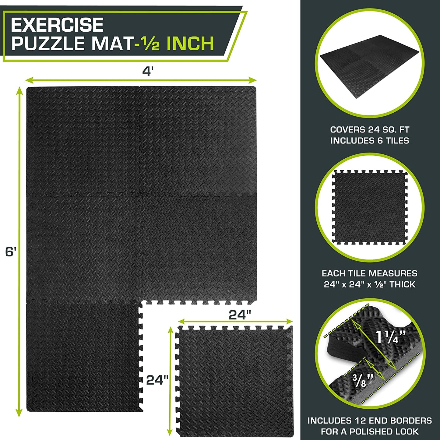 Puzzle Exercise Mat ½ In, EVA Interlocking Foam Floor Tiles for Home Gym, Mat for Home Workout Equipment, Floor Padding for Kids