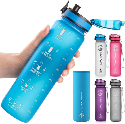 32 Oz Water Drinking Bottle with Time Marker - Stay Hydrated - Hydration Tracker & Reminder to Drink with Hourly Measurement Markings - Leak Spill Proof & BPA Free