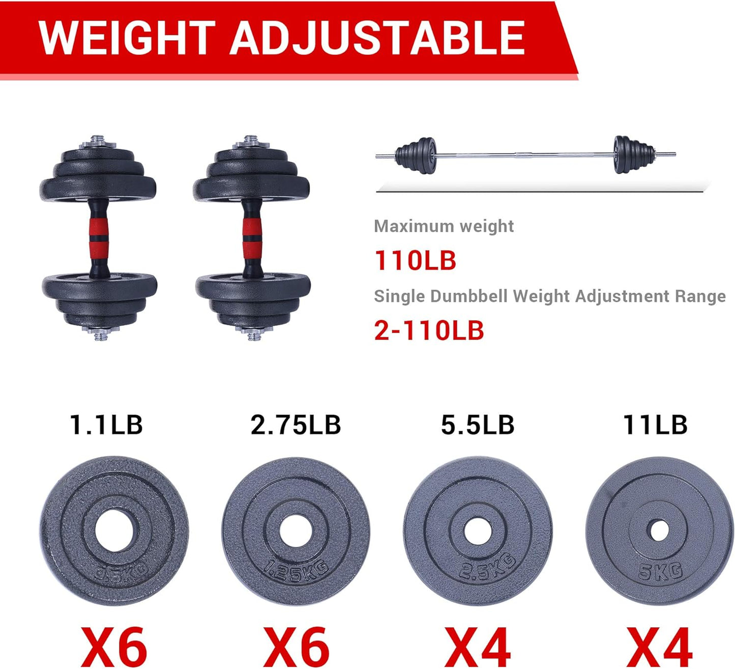 Adjustable Dumbbells, Barbell Weight Set, Dumbbell Set, Weights Adjustable 22/33/44/66/105 Lbs Home Gym 2 in 1, Anti-Slip Handle, All-Purpose, Office, Fitness